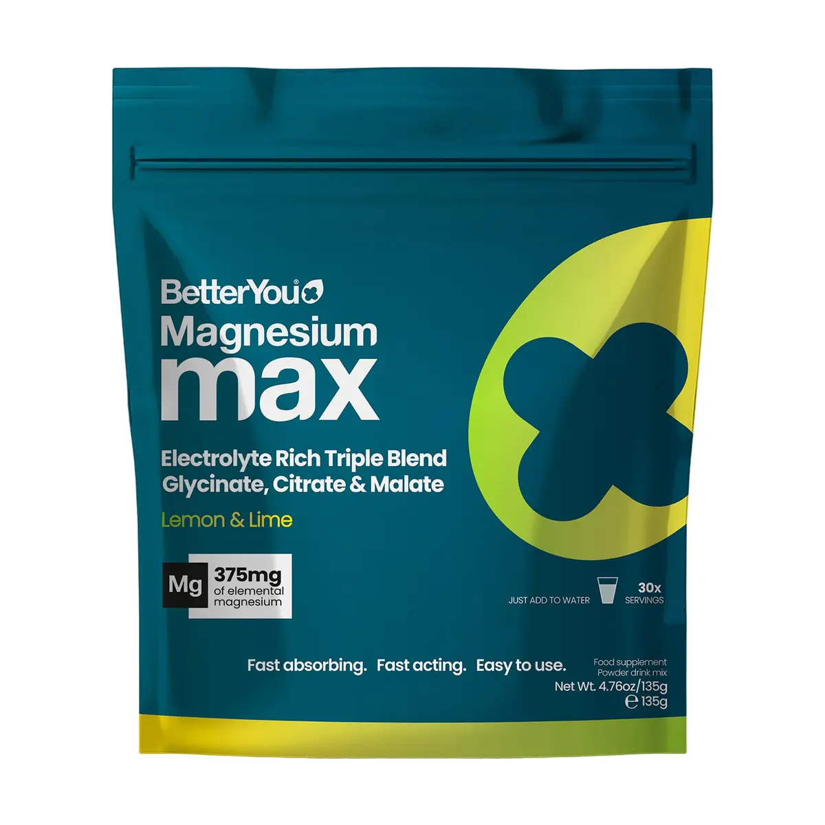 BetterYou Magnesium Max 3 in 1 Drink Powder 4.76 oz | Vegan Lemon Lime Magnesium Blend for Daily Wellness - main product image