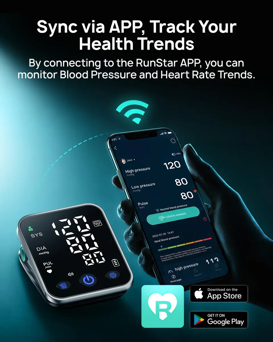 RunStar Smart Blood Pressure Monitor BP-206 with iOS & Android App | 20.3cm-42cm (8.6''-16.5'') Cuff, 12.7cm (5.0'') Display, 5-Month Battery - view 2