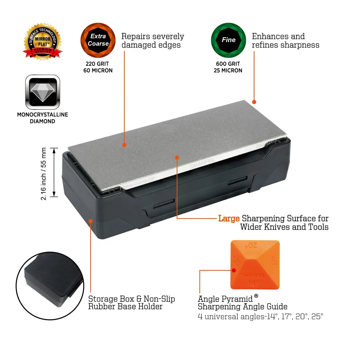 SHARPAL 163N Diamond Sharpening Stone 20.3 cm x 7.6 cm (8 in. x 3 in.) | Dual Grit Whetstone for Knife Repair & Refinement - view 2
