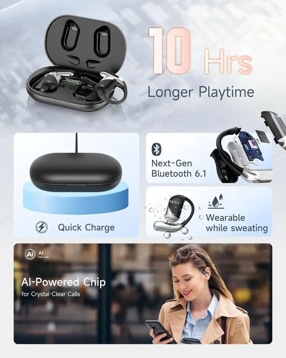 Paekole AI Translation Earbuds, Over Ear Bone Conduction Headphones with Digital Display, 60H Playtime, IP55 Waterproof | paekole blue headphone - view 5