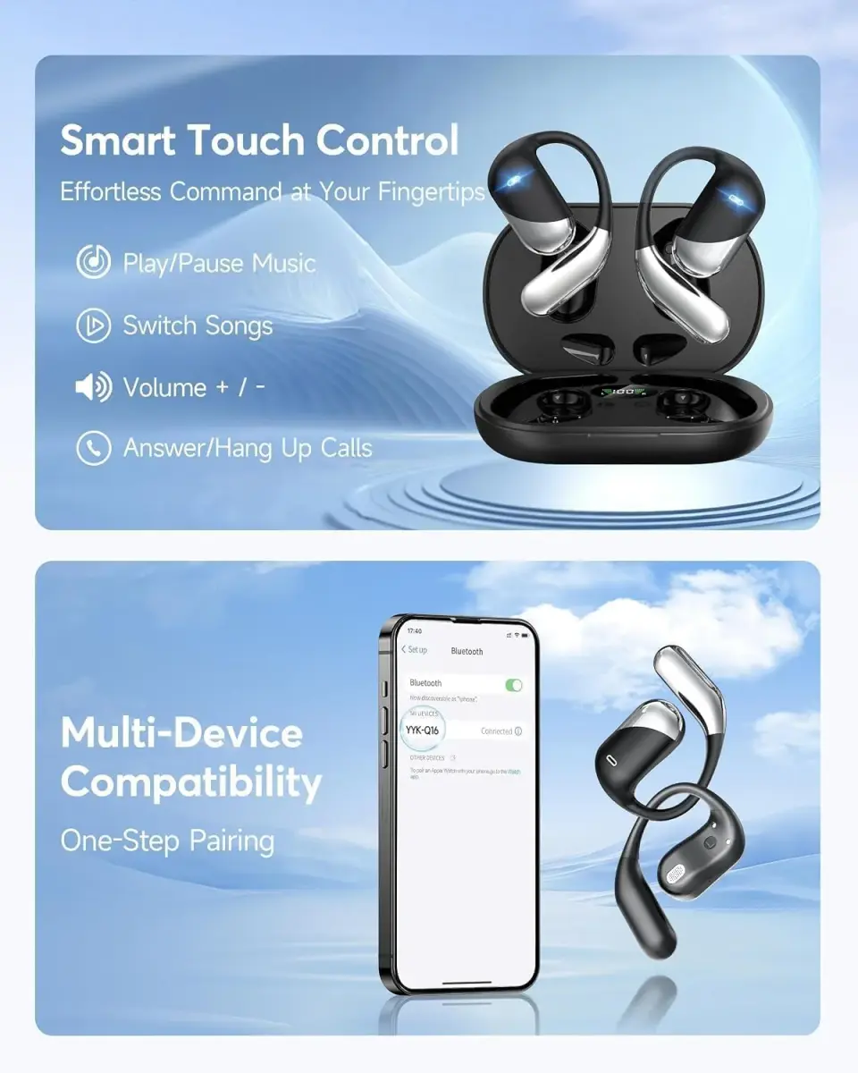 Paekole AI Translation Earbuds, Over Ear Bone Conduction Headphones with Digital Display, 60H Playtime, IP55 Waterproof | paekole blue headphone - view 3