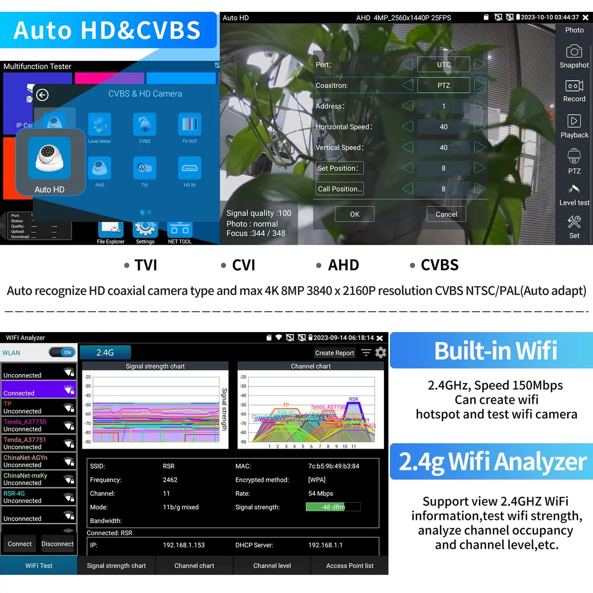 Rsrteng IPC-9800CADH Pro CCTV Tester 7” Touch Screen | 8K 32MP IP Camera Test, POE++ 90W, HD Coaxial Camera Test - view 5