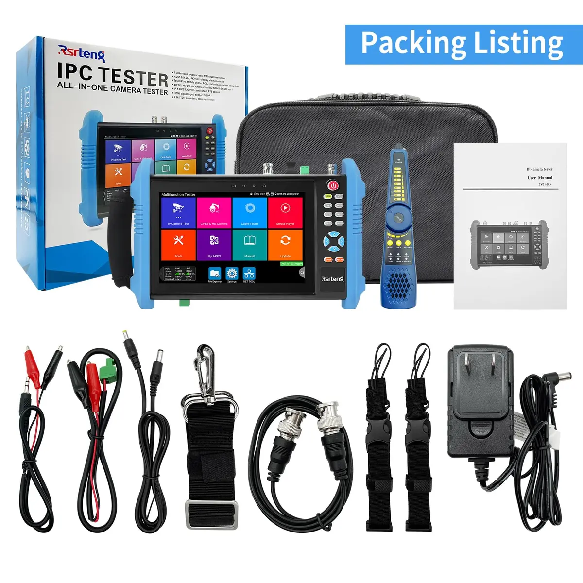 Rsrteng IPC-9800CADH Pro CCTV Tester 7” Touch Screen | 8K 32MP IP Camera Test, POE++ 90W, HD Coaxial Camera Test - view 9