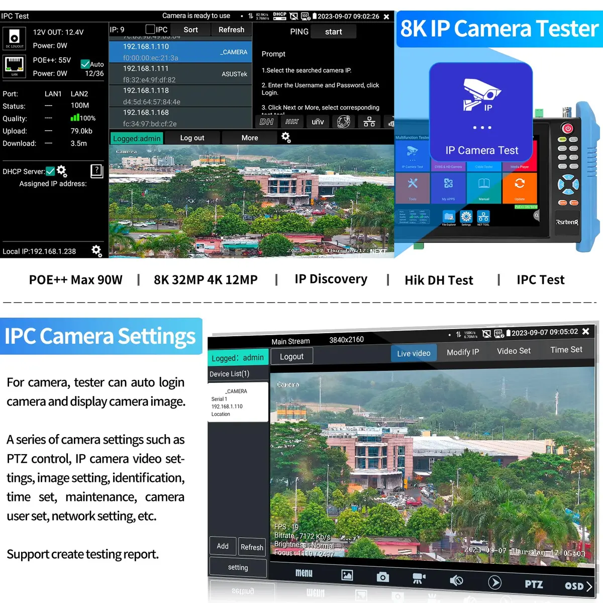 Rsrteng IPC-9800CADH Pro CCTV Tester 7” Touch Screen | 8K 32MP IP Camera Test, POE++ 90W, HD Coaxial Camera Test - view 3