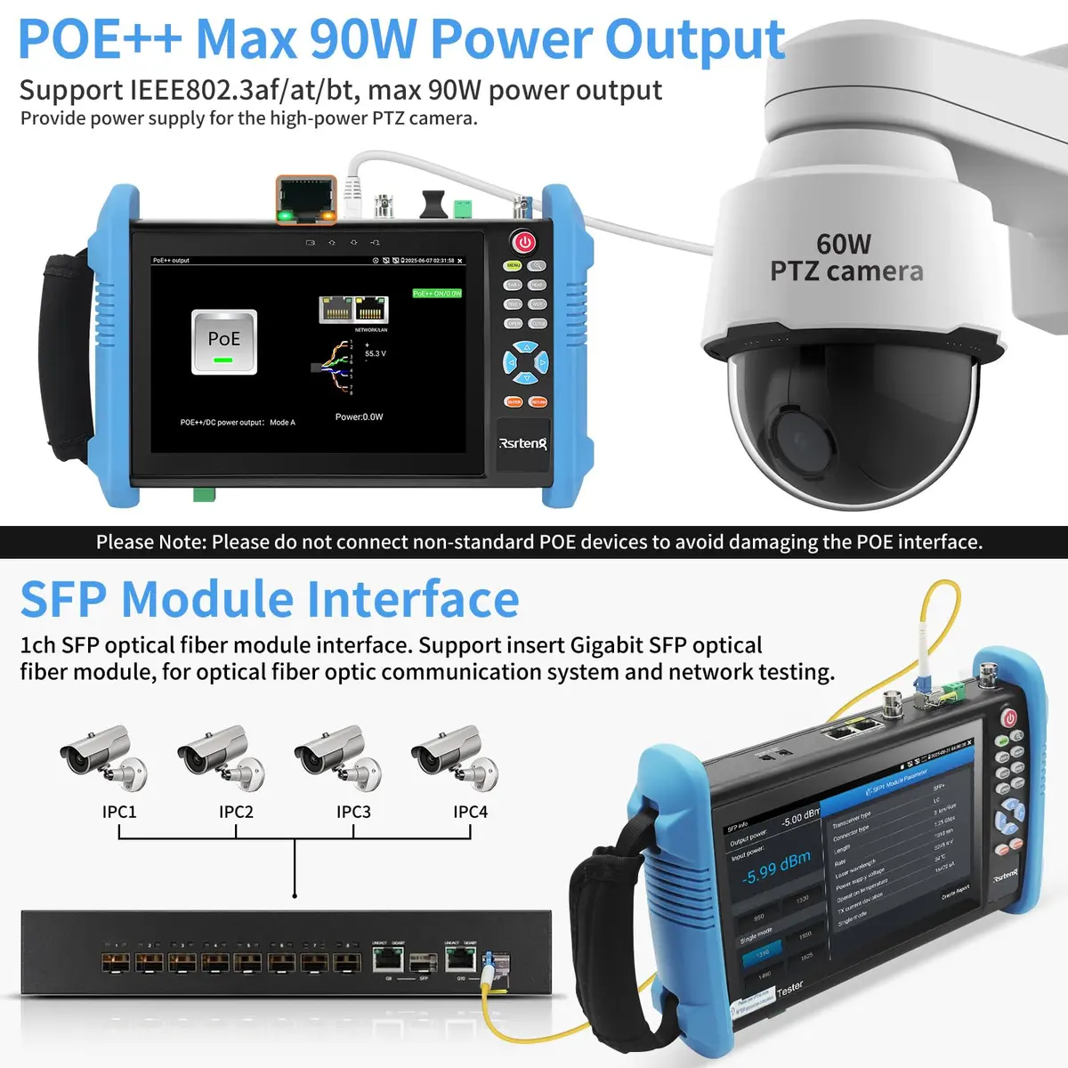 Rsrteng IPC-9800CADH Pro CCTV Tester 7” Touch Screen | 8K 32MP IP Camera Test, POE++ 90W, HD Coaxial Camera Test - view 4