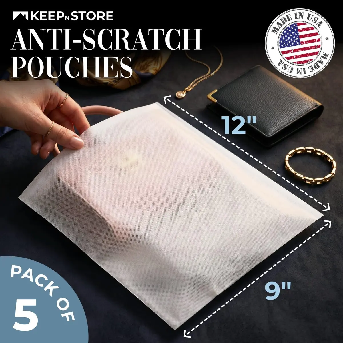 Keep N Store 9" x 12" Anti-Scratch Dust Bags Pack of 5 | Breathable, Soft, Protective for Handbags & Accessories - view 2