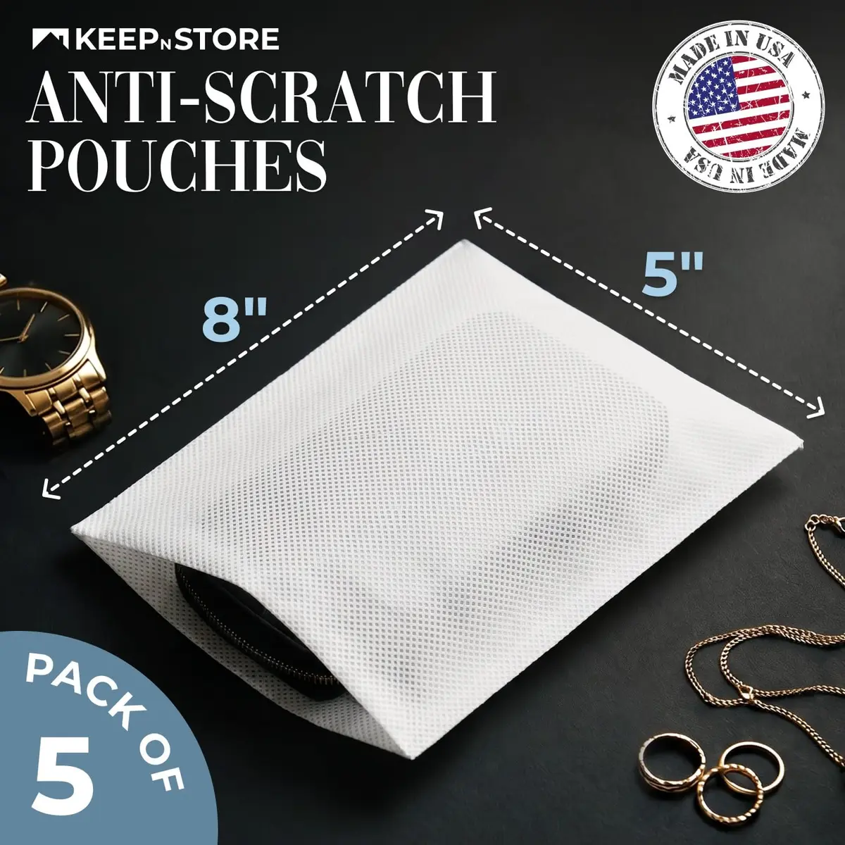 Keep N Store Pack of 5 Anti-Scratch Dust Bags 5" x 8" | Breathable Cloth-Like Storage Pouches - view 2