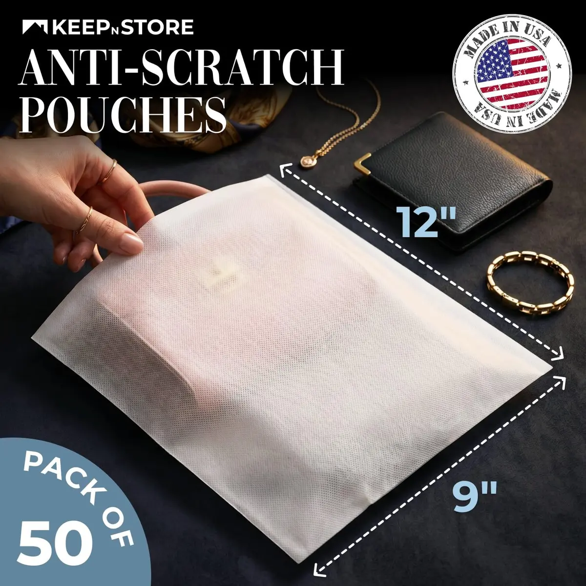 Keep N Store 50 Pack of Anti-Scratch Dust Pouches 9" x 12" | Breathable, Durable Storage Bags for Handbags & Accessories - view 2