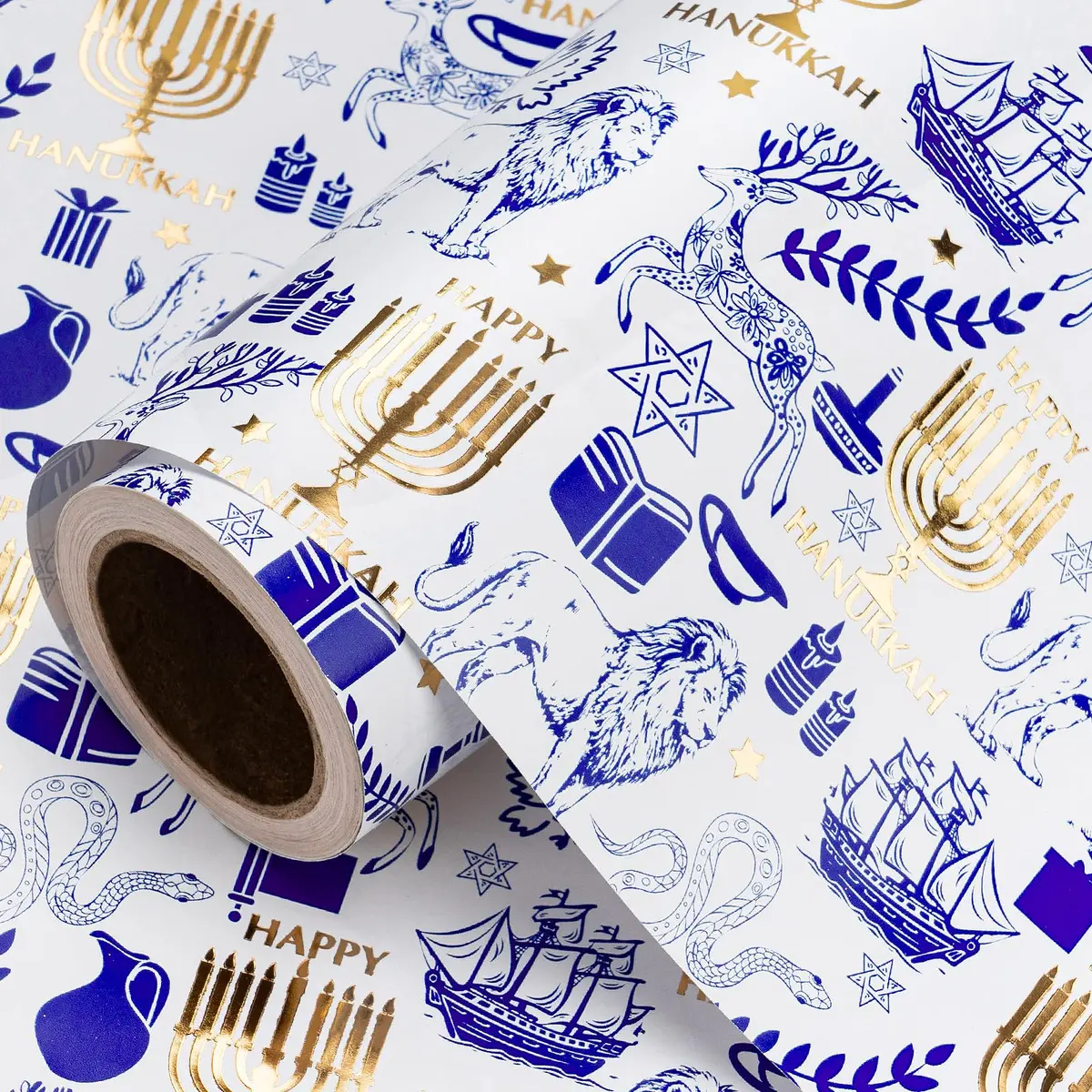 RUSPEPA Hanukkah Wrapping Paper Roll, Mini Roll, Blue Gold Foil Menorah, Lion, Ship & Star of David Design Gift Wrap Paper for Jewish Holiday, Festival Party, Family Celebration, 17 Inch x 16.4 Feet - main product image