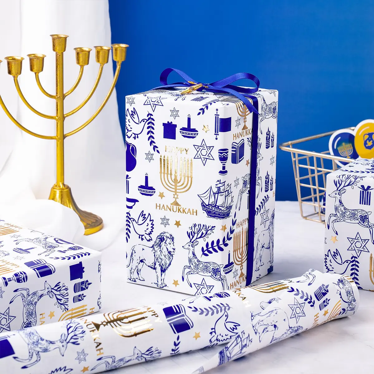 RUSPEPA Hanukkah Wrapping Paper Roll, Mini Roll, Blue Gold Foil Menorah, Lion, Ship & Star of David Design Gift Wrap Paper for Jewish Holiday, Festival Party, Family Celebration, 17 Inch x 16.4 Feet - view 6