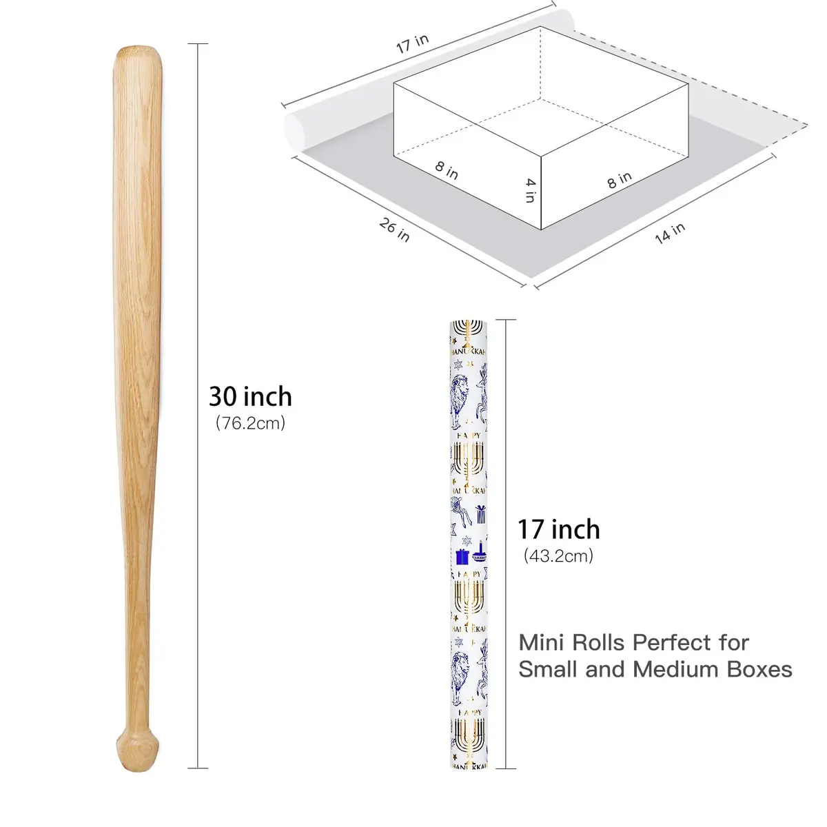 RUSPEPA Hanukkah Wrapping Paper Roll, Mini Roll, Blue Gold Foil Menorah, Lion, Ship & Star of David Design Gift Wrap Paper for Jewish Holiday, Festival Party, Family Celebration, 17 Inch x 16.4 Feet - view 7