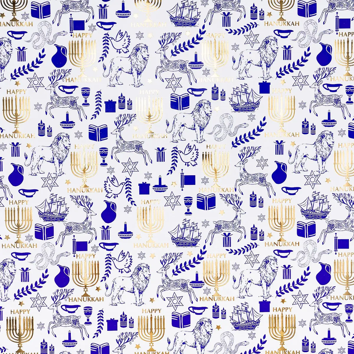 RUSPEPA Hanukkah Wrapping Paper Roll, Mini Roll, Blue Gold Foil Menorah, Lion, Ship & Star of David Design Gift Wrap Paper for Jewish Holiday, Festival Party, Family Celebration, 17 Inch x 16.4 Feet - view 8