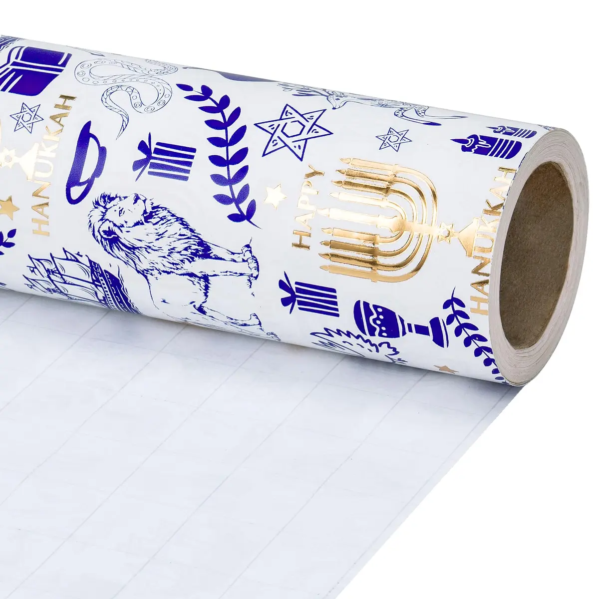 RUSPEPA Hanukkah Wrapping Paper Roll, Mini Roll, Blue Gold Foil Menorah, Lion, Ship & Star of David Design Gift Wrap Paper for Jewish Holiday, Festival Party, Family Celebration, 17 Inch x 16.4 Feet - view 9