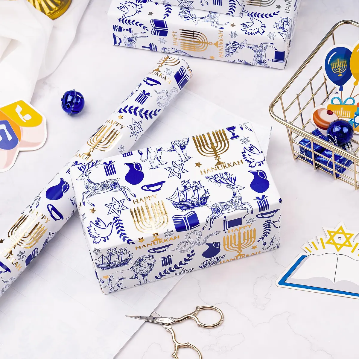RUSPEPA Hanukkah Wrapping Paper Roll, Mini Roll, Blue Gold Foil Menorah, Lion, Ship & Star of David Design Gift Wrap Paper for Jewish Holiday, Festival Party, Family Celebration, 17 Inch x 16.4 Feet - view 3