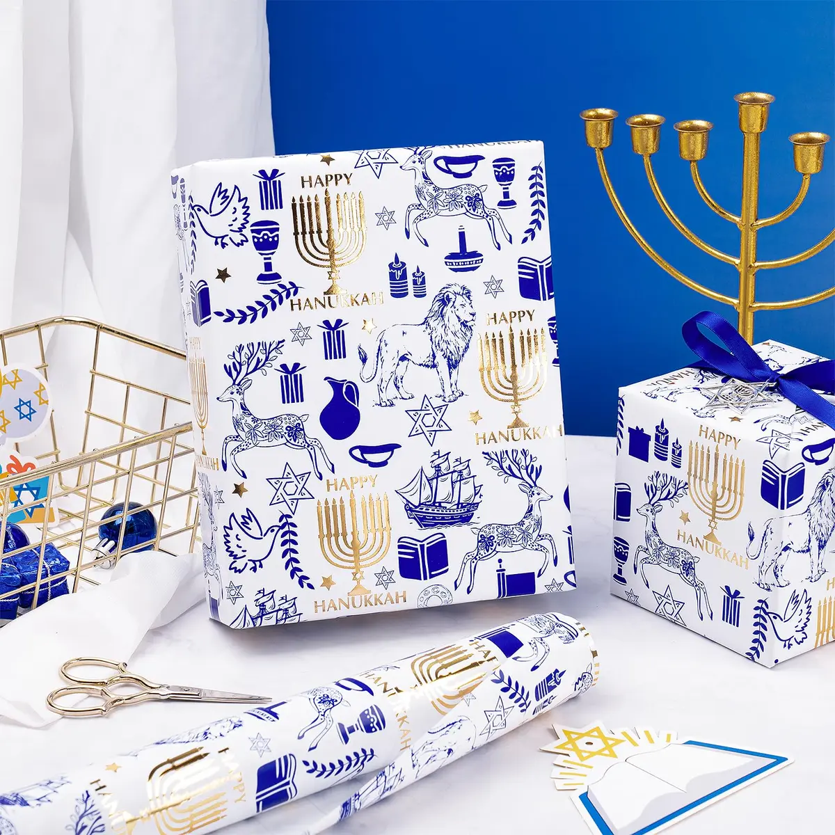 RUSPEPA Hanukkah Wrapping Paper Roll, Mini Roll, Blue Gold Foil Menorah, Lion, Ship & Star of David Design Gift Wrap Paper for Jewish Holiday, Festival Party, Family Celebration, 17 Inch x 16.4 Feet - view 4