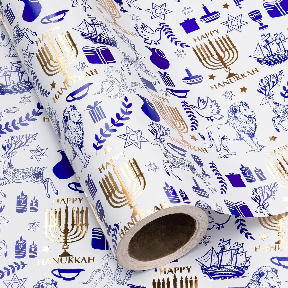 RUSPEPA Hanukkah Gift Wrap Paper 30" x 16.4' Blue Gold Foil Menorah, Lion, Star of David | Festive Jewish Holiday Design - view 2