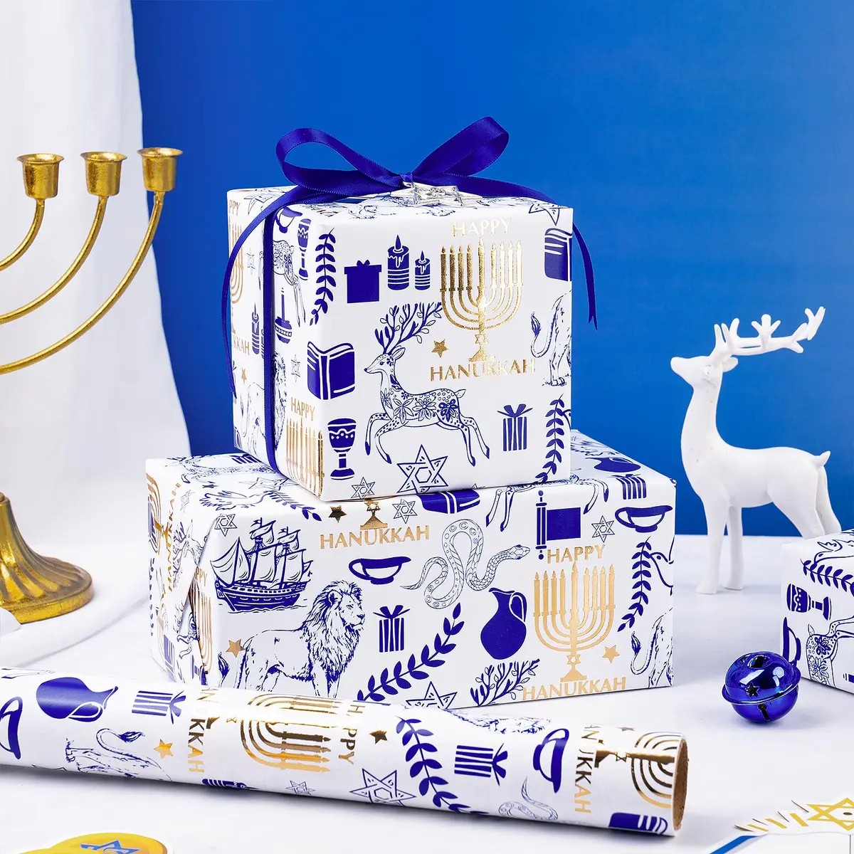 RUSPEPA Hanukkah Gift Wrap Paper 30" x 16.4' Blue Gold Foil Menorah, Lion, Star of David | Festive Jewish Holiday Design - view 4