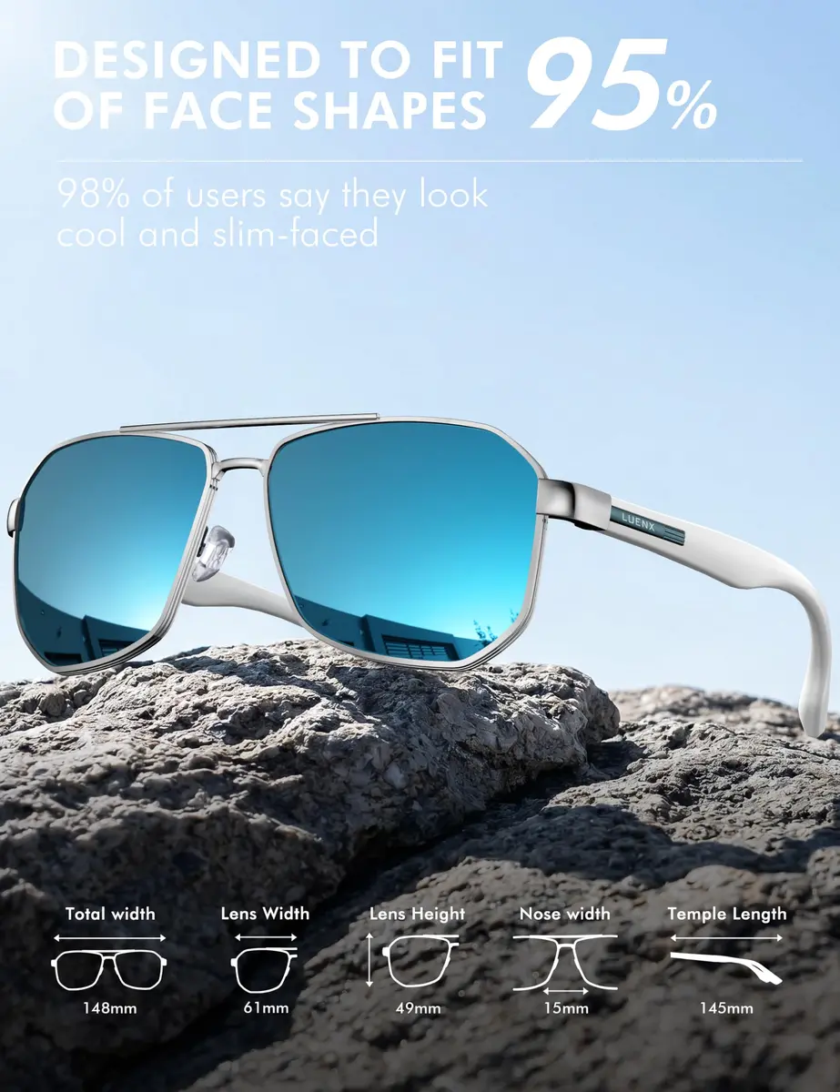 Luenx Aviator Polarized Sunglasses for Men: Square UV400 Driving | Stylish, UV Protection & Sturdy Design - view 5