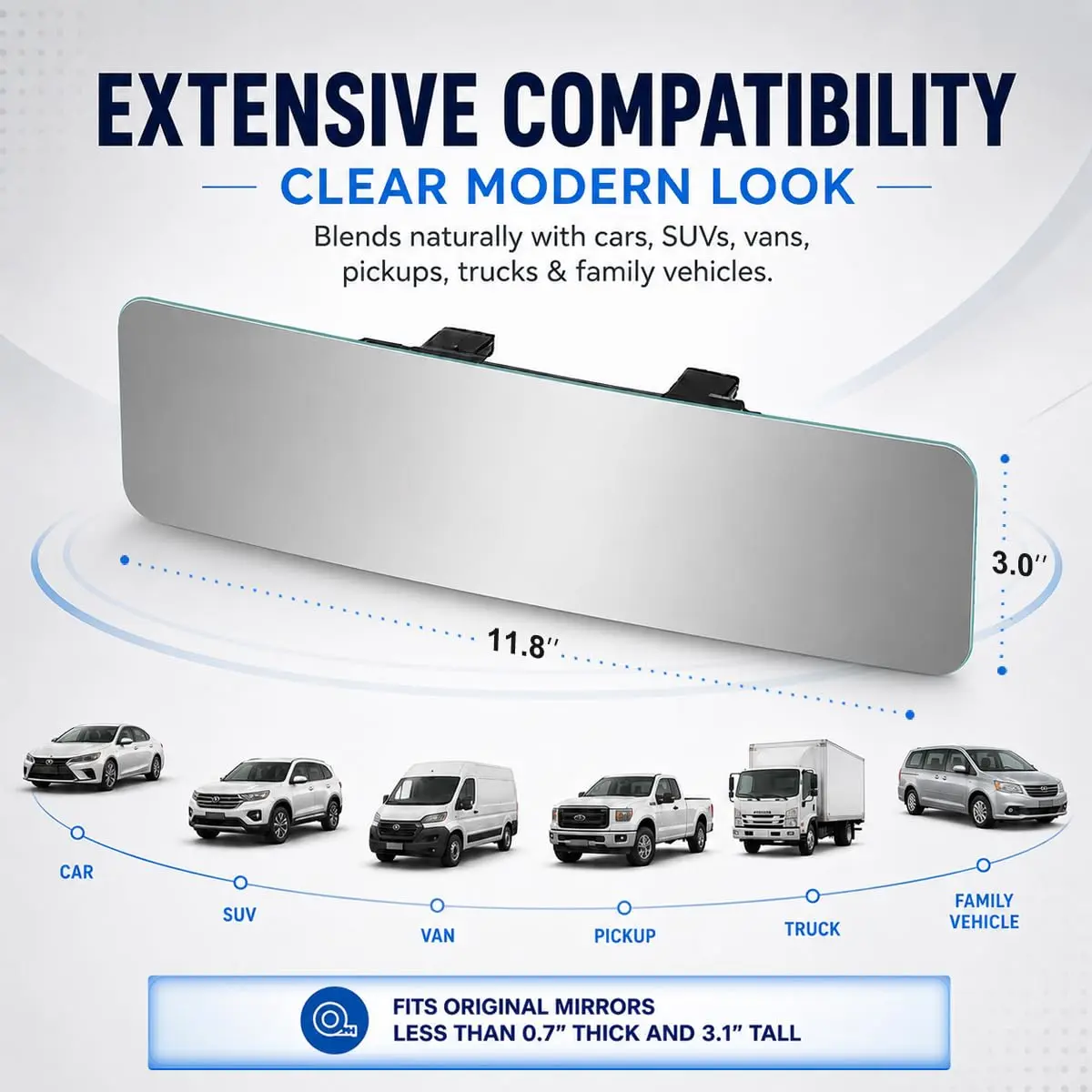 SkycropHD Anti Glare Wide Angle Car Rearview Mirror, 12'' | Frameless, Gray, Convex, Universal Fit - view 7