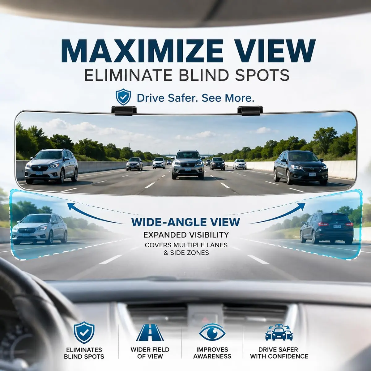 SkycropHD Anti Glare Wide Angle Car Rearview Mirror, 12'' | Frameless, Gray, Convex, Universal Fit - view 3