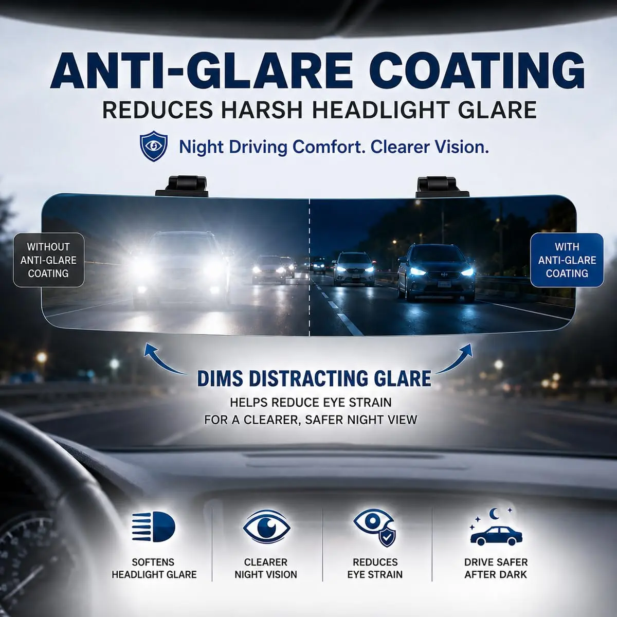 SkycropHD Anti Glare Wide Angle Car Rearview Mirror, 12'' | Frameless, Gray, Convex, Universal Fit - view 4
