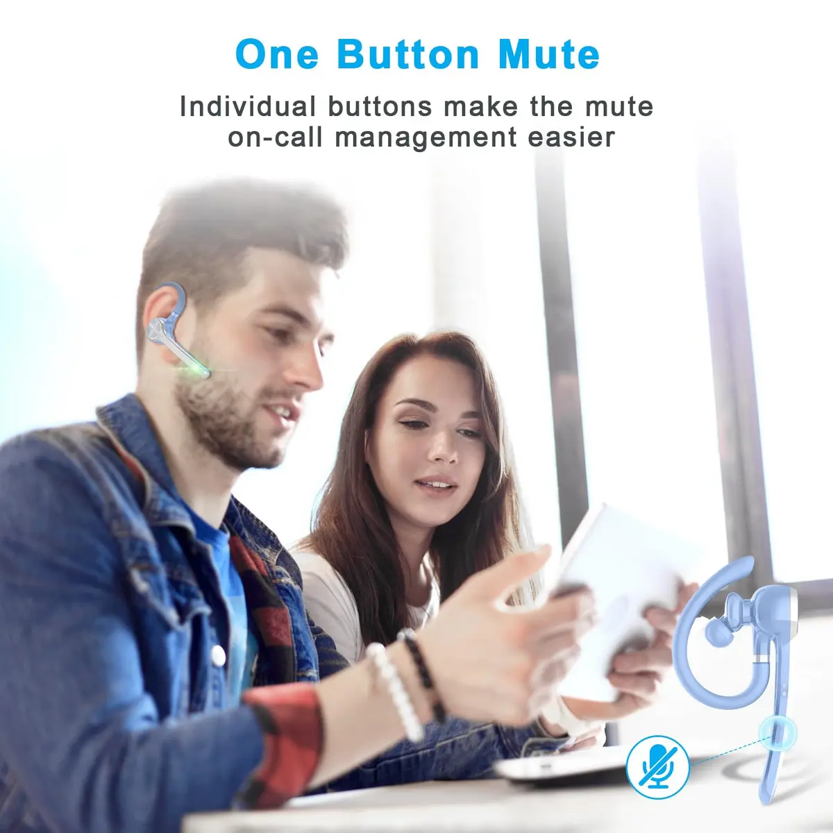 HEIBAS Bluetooth Headset Wireless Earpiece with Mic 72H Talk Light Blue - view 4