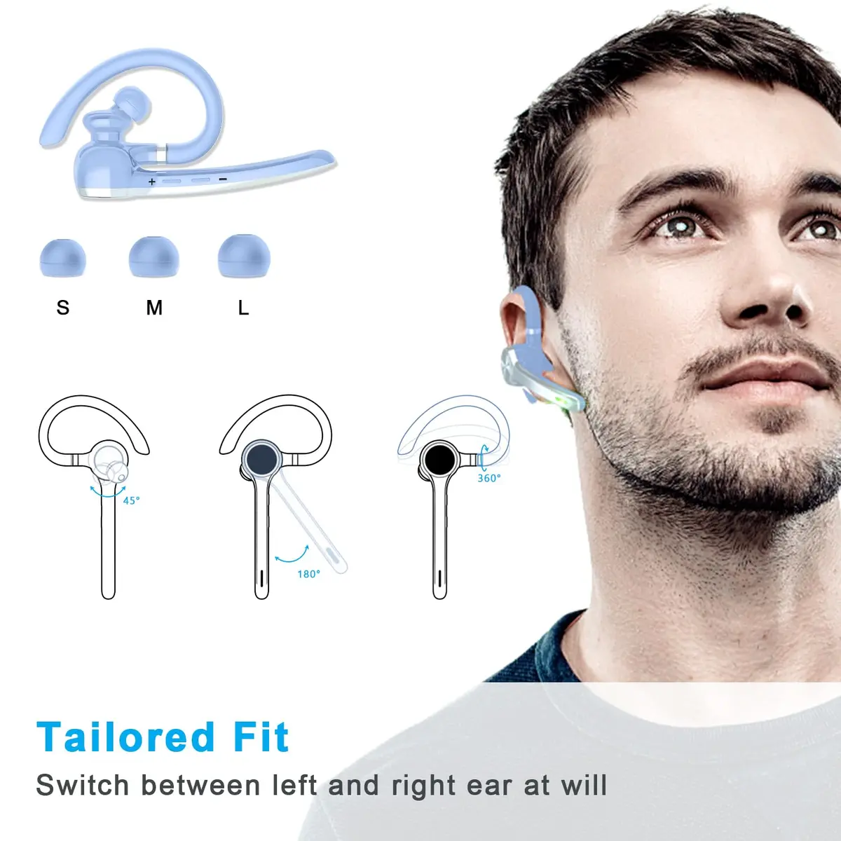 HEIBAS Bluetooth Headset Wireless Earpiece with Mic 72H Talk Light Blue - view 5