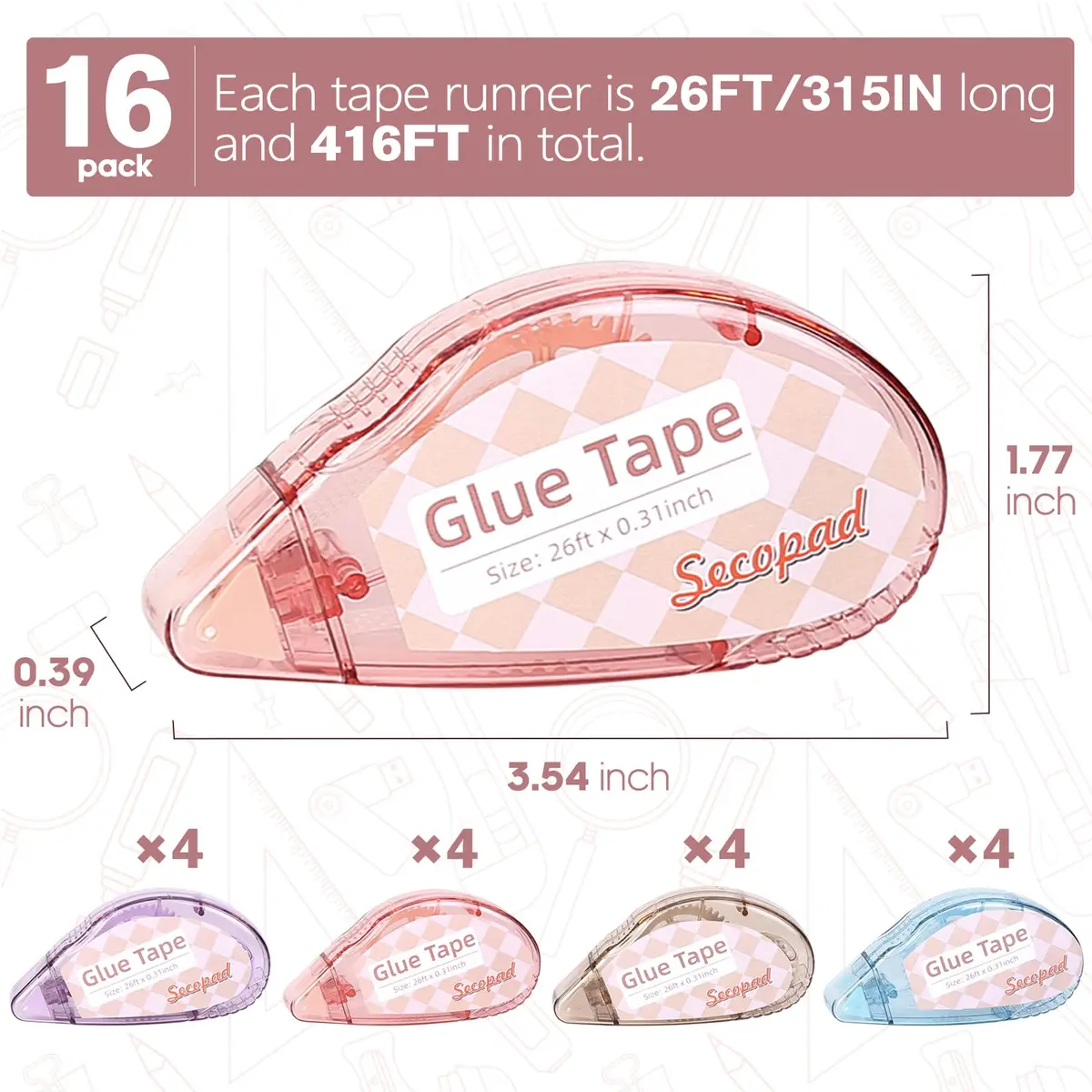 Secopad Red 16 Pack Adhesive Tape | 0.76cm x 7.92m (0.3in x 26ft) Double Sided Tape Roller - view 2