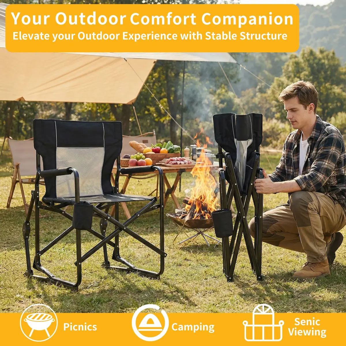 HAPPYMONT Folding Rocking Chair for Adults - Outdoor Camping and Lawn Chair with Breathable Mesh, Detachable Waterproof Armrests and Cup Holder – Portable Travel Seat, Black - view 3