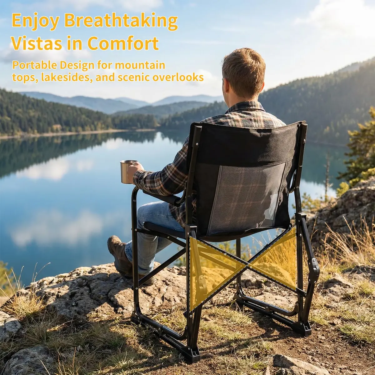 HAPPYMONT Folding Rocking Chair for Adults - Outdoor Camping and Lawn Chair with Breathable Mesh, Detachable Waterproof Armrests and Cup Holder – Portable Travel Seat, Black - view 4