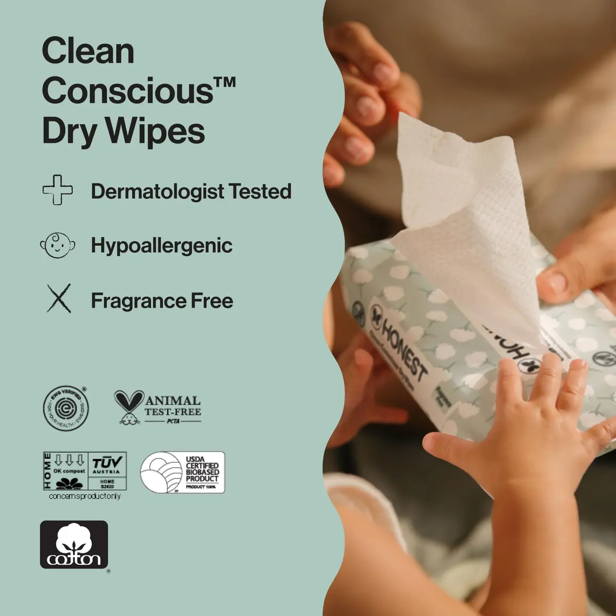 The Honest Company 100% Pure Organic Cotton Dry Wipes, Hypoallergenic, Multi-Use, Baby Facial Cloths, 576 Count (Pack of 3) - view 5