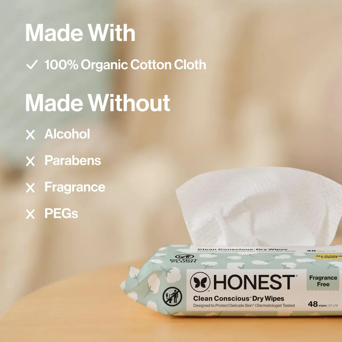 The Honest Company 100% Pure Organic Cotton Dry Wipes, Hypoallergenic, Multi-Use, Baby Facial Cloths, 576 Count (Pack of 3) - view 6