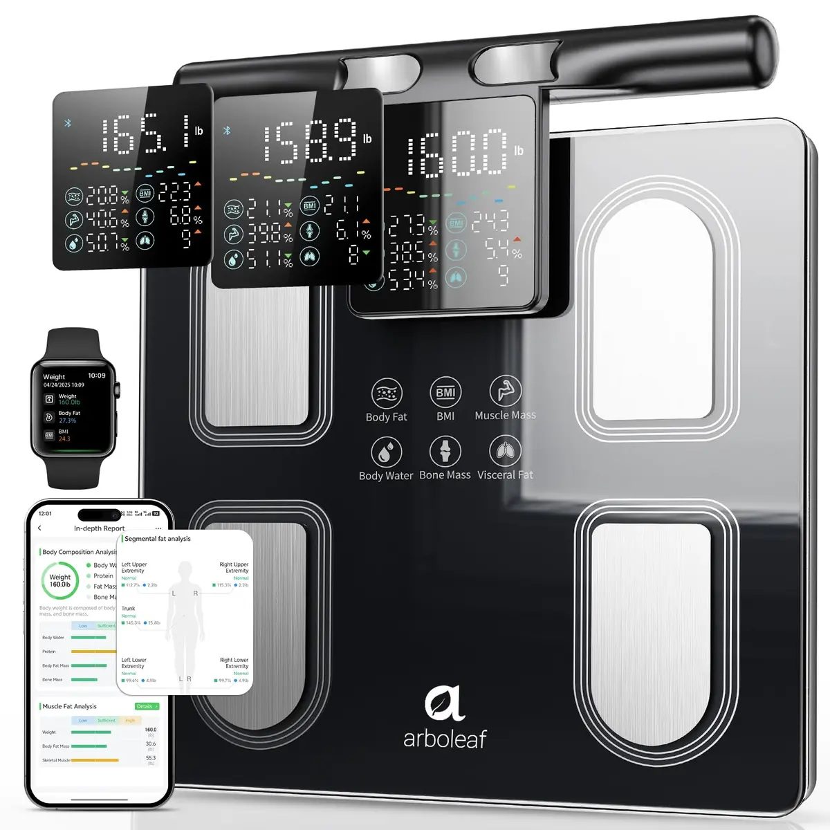 Arboleaf Body Composition Scale with Handle Display, Black | 8-Electrode Smart BMI & Body Fat Monitor - main product image