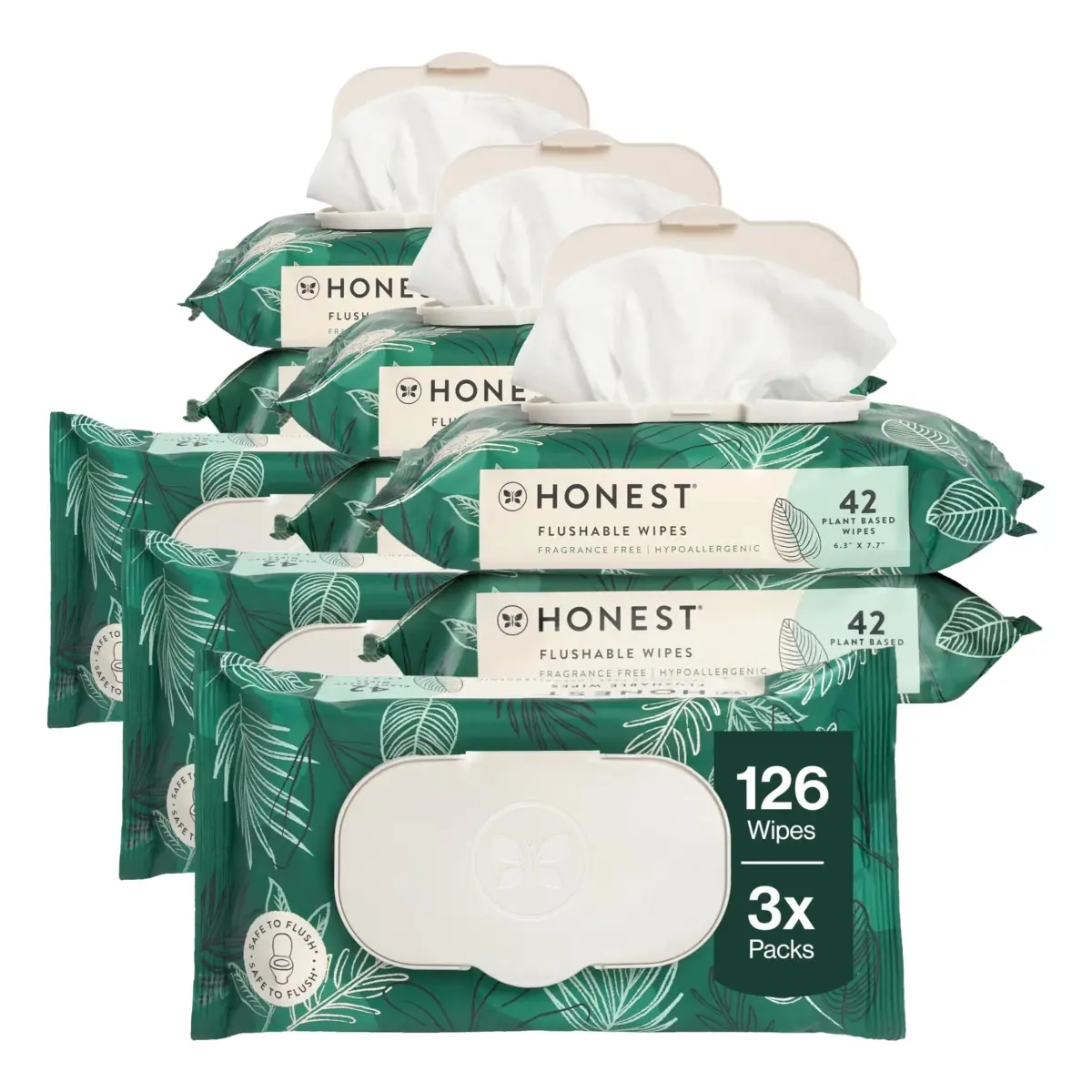 The Honest Company Hypoallergenic Flushable Wipes Tropical Leaves 126 Count (Pack of 3) | Sewer + Septic Safe, Plant-Based Cloth - main product image