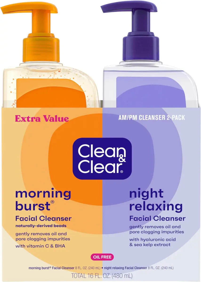 Clean & Clear Oil-Free Facial Cleansers Morning Burst & Night Relaxing 192 fl oz (16 oz 2 Count Pack of 12) | Gentle Daily Cleansing - main product image
