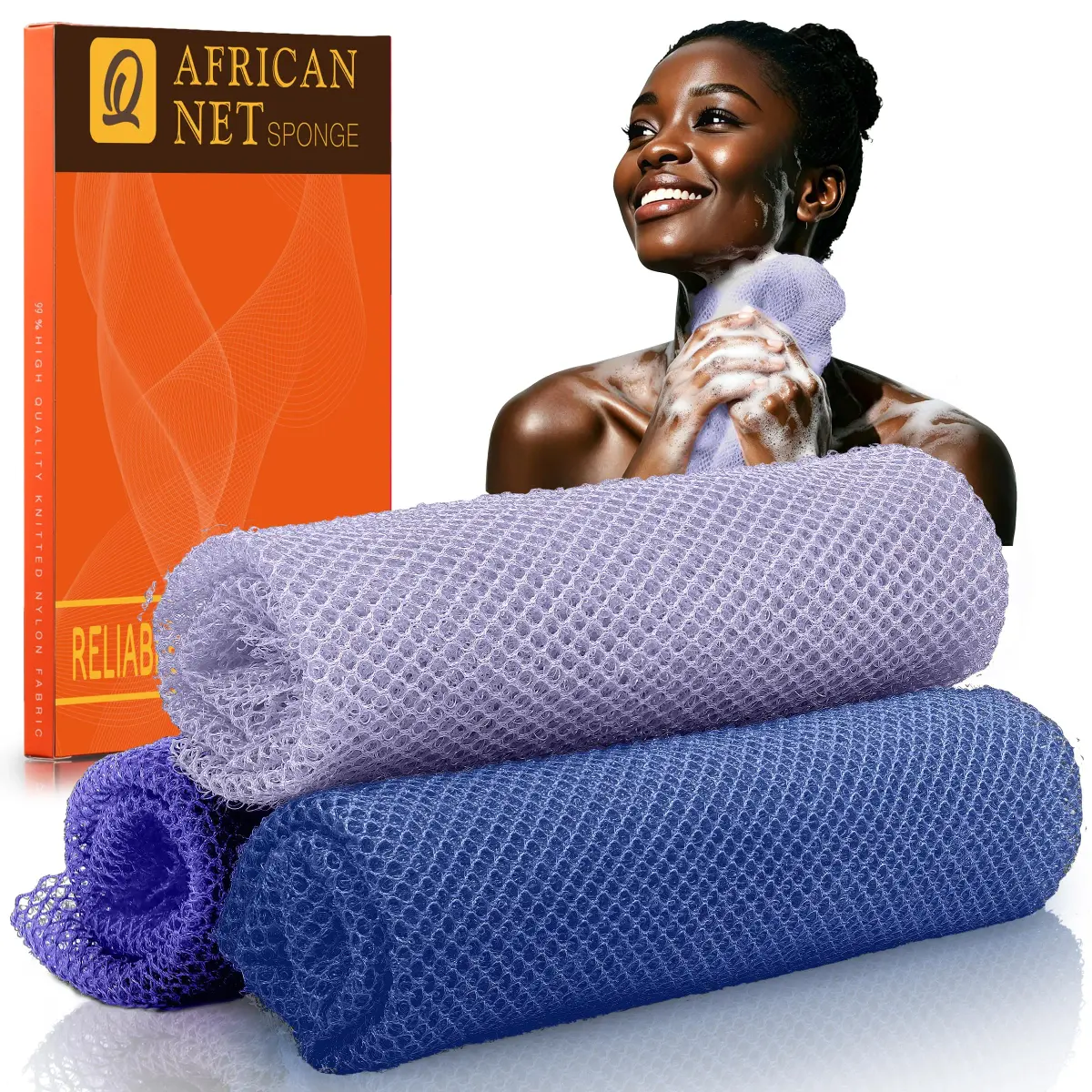 UJFQBH Authentic African Net Sponge 3 Pack, Exfoliating Body Scrubber for Gentle Daily Exfoliation, Deep Cleansing Back Scrubber for Hard to Reach Areas, Quick Drying Shower Essential Ocean Blue - main product image