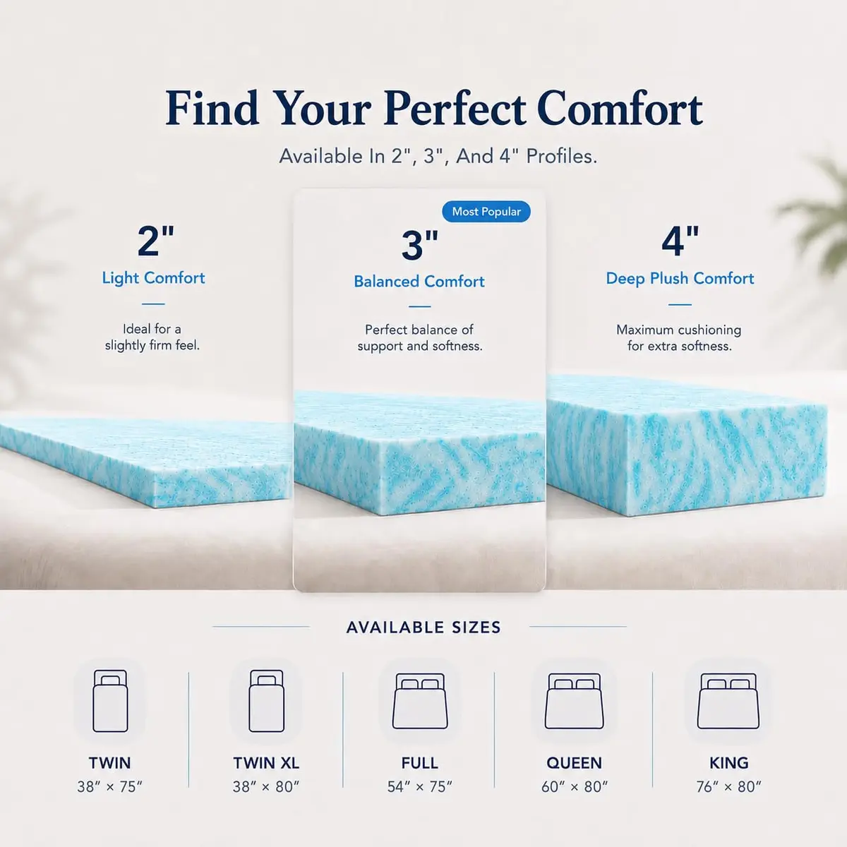 Beddle Twin XL 3 Inch Gel Memory Foam Mattress Topper | Ventilated Design, Blue - view 7