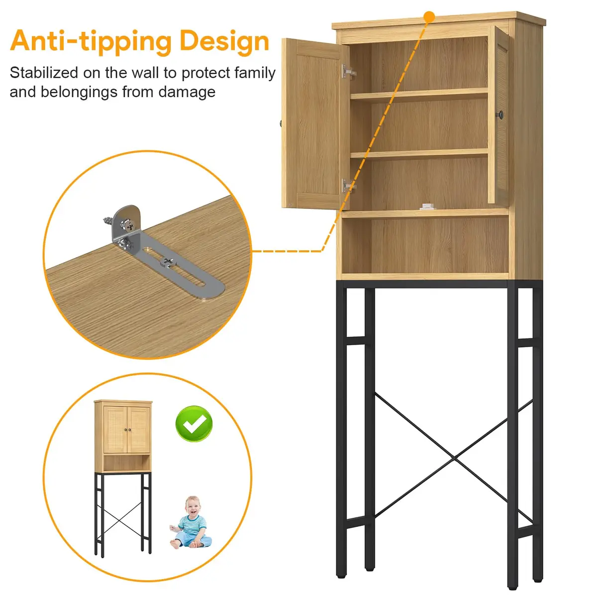 knoworld Rattan Over The Toilet Storage Cabinet | Space Saver Bathroom Organizer with Adjustable Shelf (66.93in x 23.62in x 7.87in) - view 5