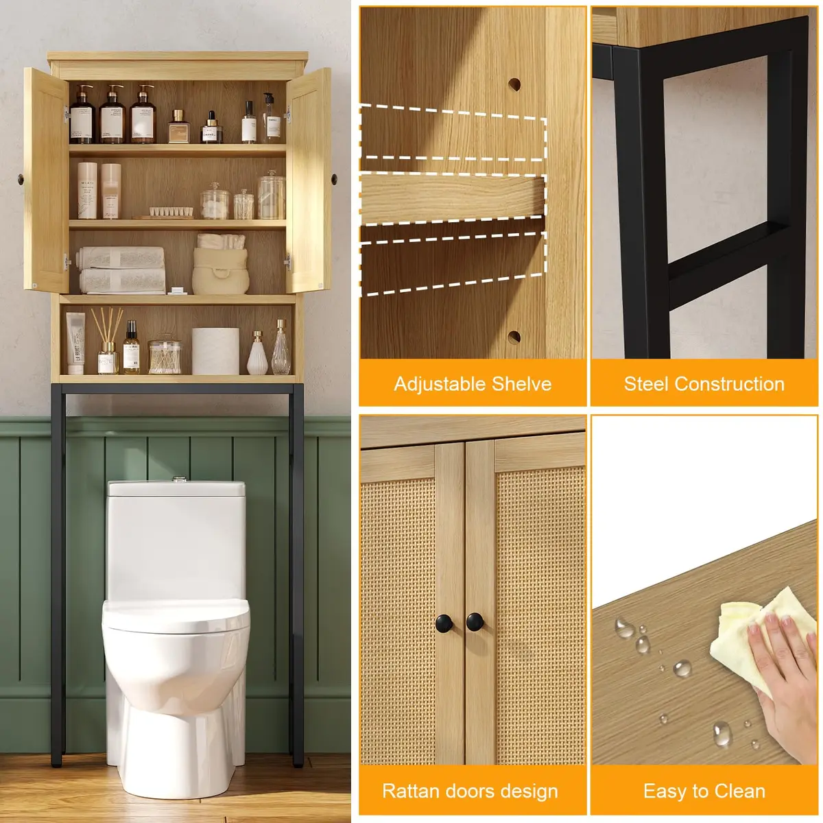 knoworld Rattan Over The Toilet Storage Cabinet | Space Saver Bathroom Organizer with Adjustable Shelf (66.93in x 23.62in x 7.87in) - view 6