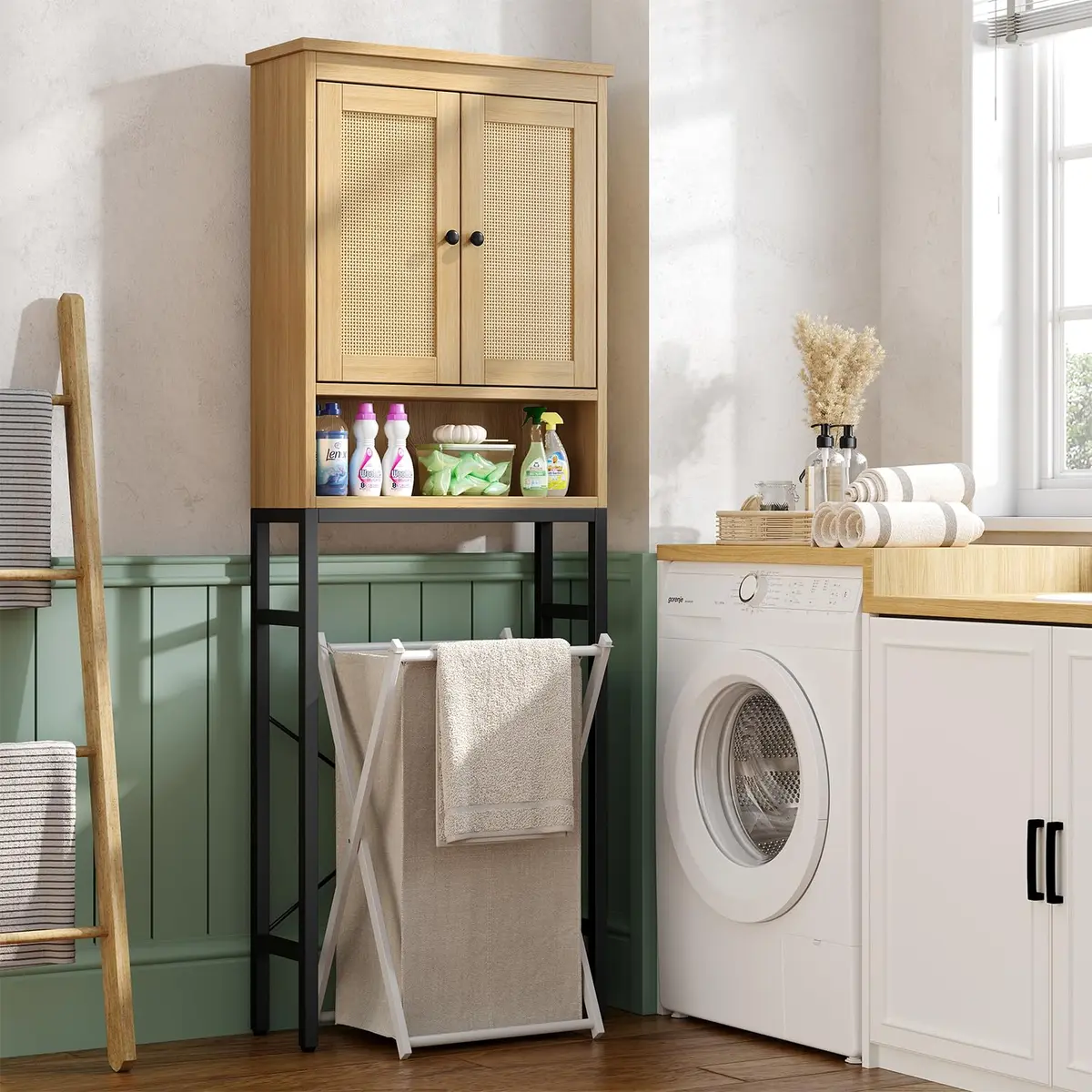 knoworld Rattan Over The Toilet Storage Cabinet | Space Saver Bathroom Organizer with Adjustable Shelf (66.93in x 23.62in x 7.87in) - view 8