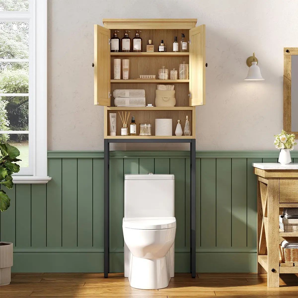 knoworld Rattan Over The Toilet Storage Cabinet | Space Saver Bathroom Organizer with Adjustable Shelf (66.93in x 23.62in x 7.87in) - view 2