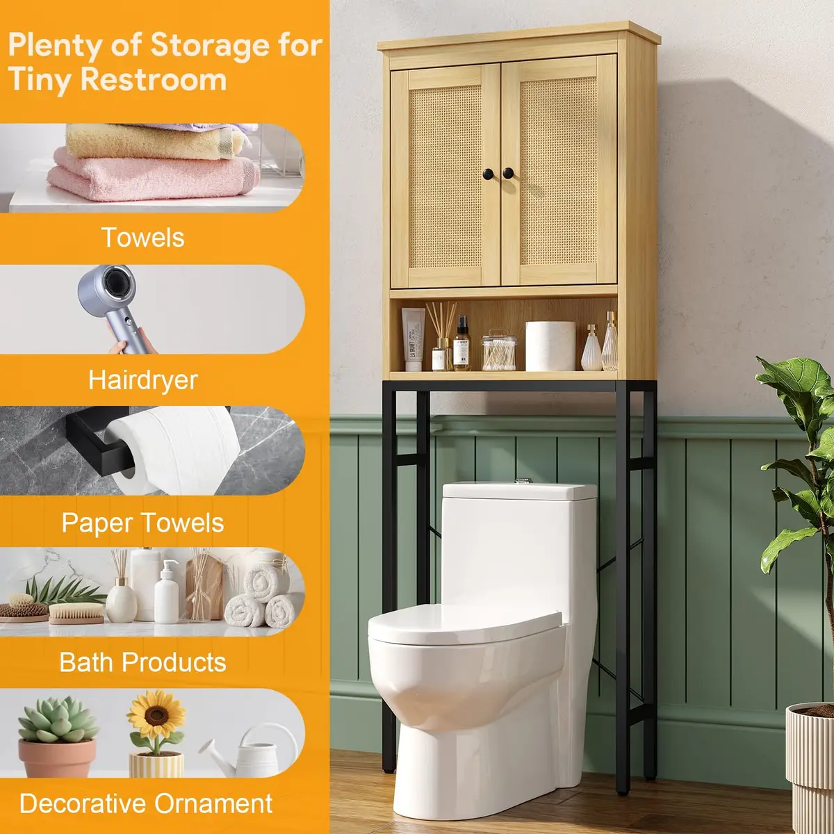 knoworld Rattan Over The Toilet Storage Cabinet | Space Saver Bathroom Organizer with Adjustable Shelf (66.93in x 23.62in x 7.87in) - view 4