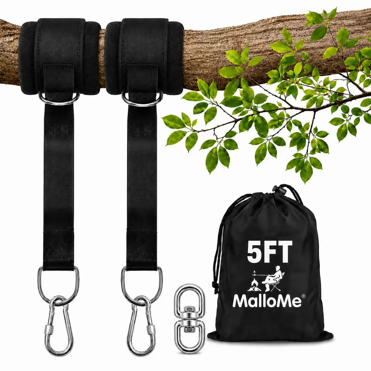 MalloMe Heavy Duty Tree Swing Straps & Hammock Straps for Trees – 2200 LB Capacity, 5FT Black D-Ring Style with Swivel & Carabiners | Multi-Purpose Hanging Kit - main product image