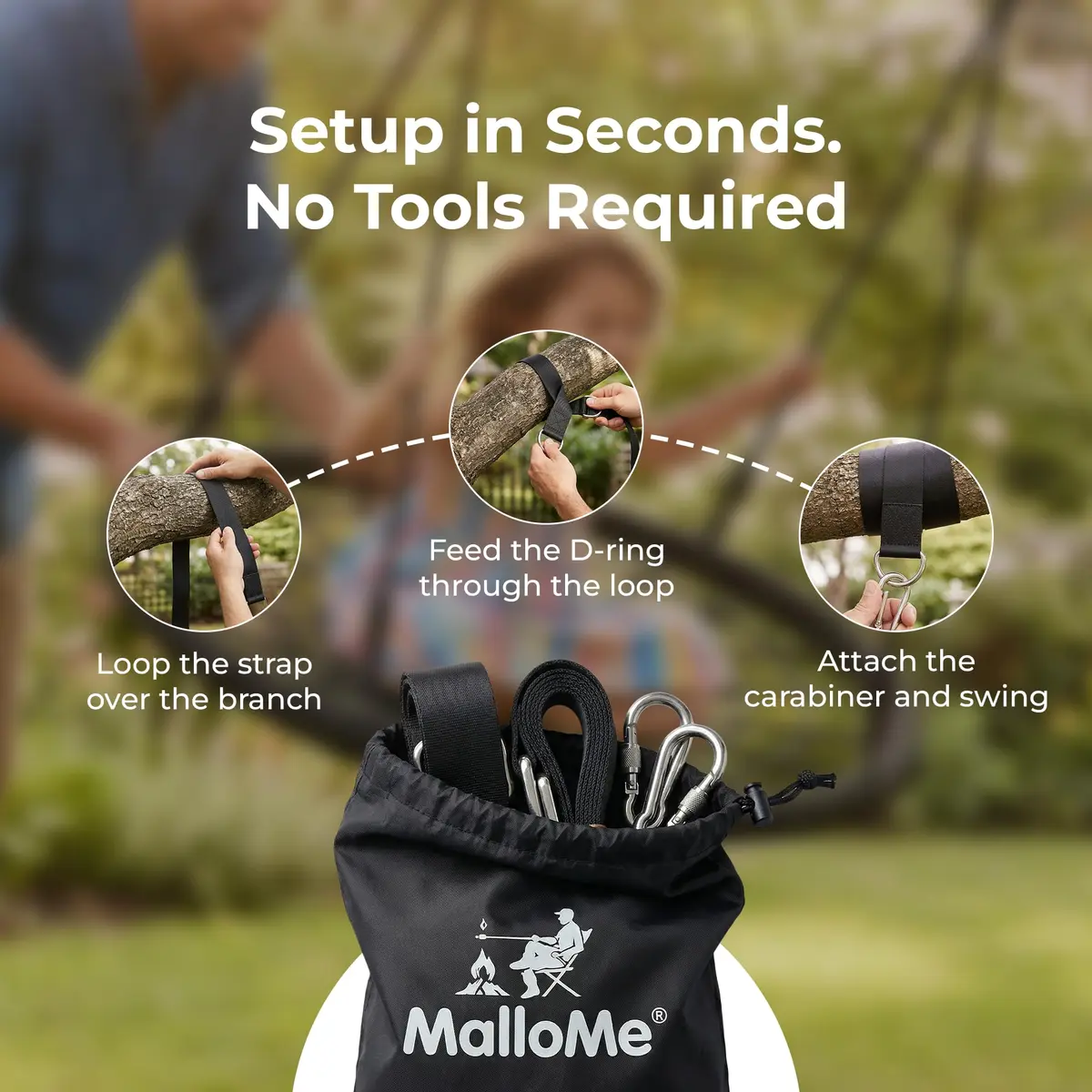 MalloMe Heavy Duty Tree Swing Straps & Hammock Straps for Trees – 2200 LB Capacity, 5FT Black D-Ring Style with Swivel & Carabiners | Multi-Purpose Hanging Kit - view 7