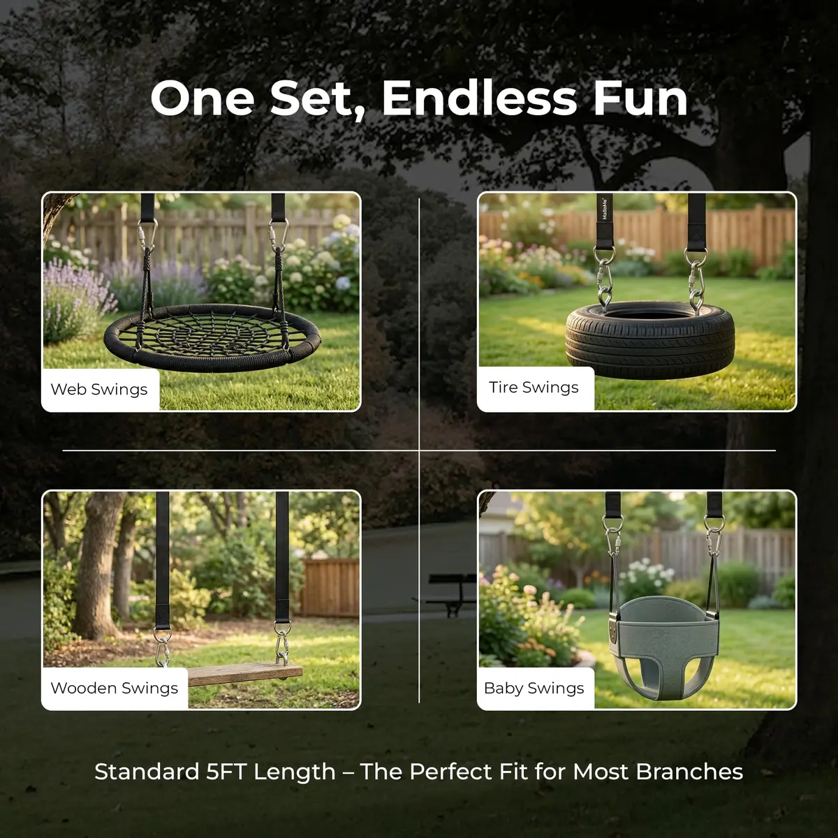MalloMe Heavy Duty Tree Swing Straps & Hammock Straps for Trees – 2200 LB Capacity, 5FT Black D-Ring Style with Swivel & Carabiners | Multi-Purpose Hanging Kit - view 8