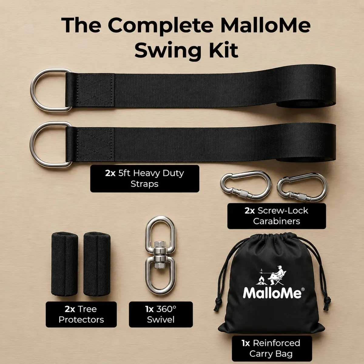 MalloMe Heavy Duty Tree Swing Straps & Hammock Straps for Trees – 2200 LB Capacity, 5FT Black D-Ring Style with Swivel & Carabiners | Multi-Purpose Hanging Kit - view 3