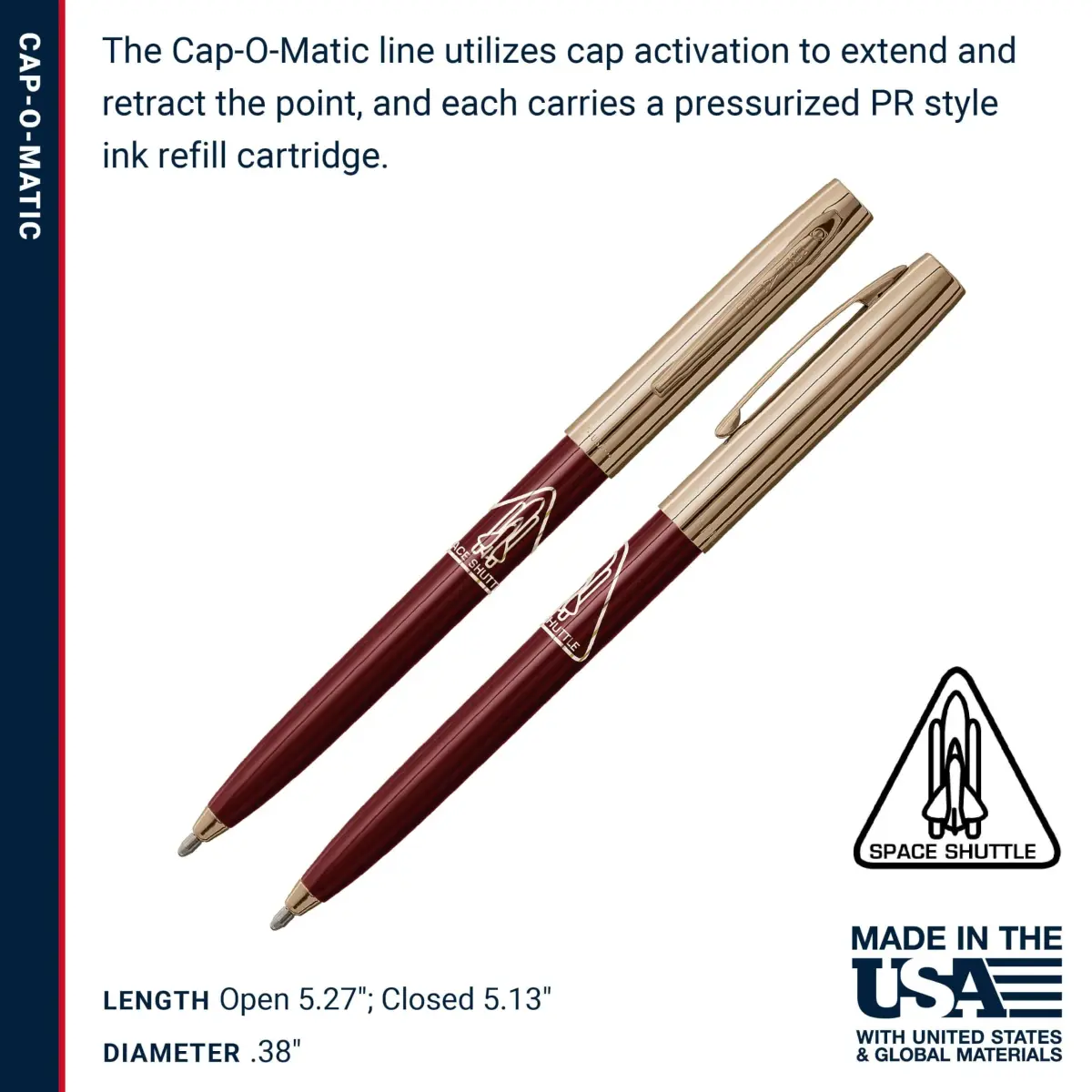 Fisher Space Pen Burgundy and Gold Space Shuttle Imprint Cap-O-Matic Pen | Writes Upside Down & Extreme Temperatures - view 6