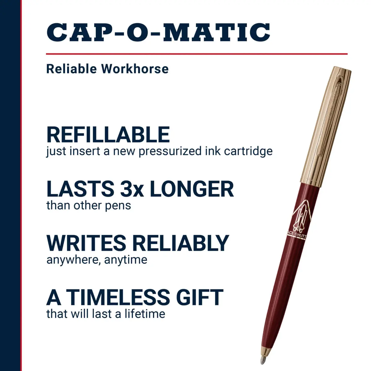 Fisher Space Pen Burgundy and Gold Space Shuttle Imprint Cap-O-Matic Pen | Writes Upside Down & Extreme Temperatures - view 2