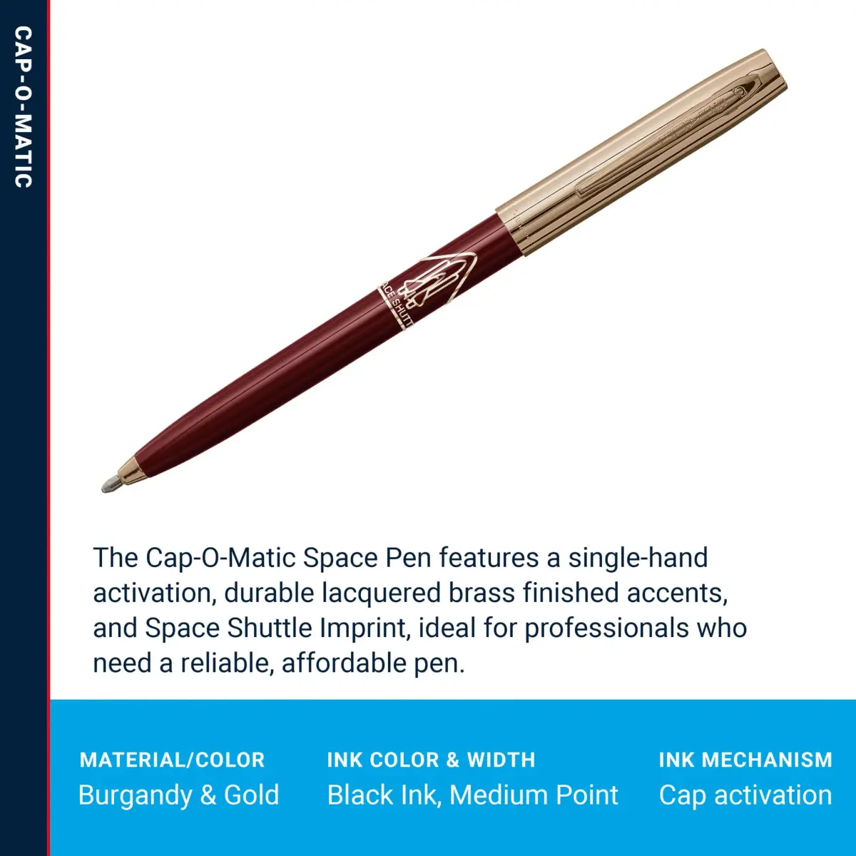 Fisher Space Pen Burgundy and Gold Space Shuttle Imprint Cap-O-Matic Pen | Writes Upside Down & Extreme Temperatures - view 3