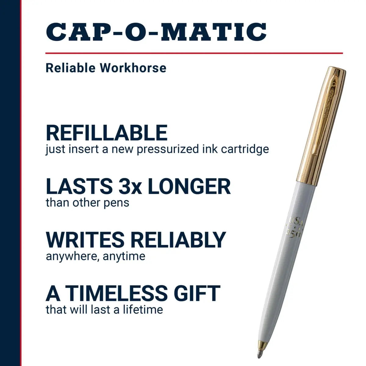 Fisher Space Pen White and Gold America 250 Cap-O-Matic Pen | Writes Upside Down & Extreme Temperatures - view 2